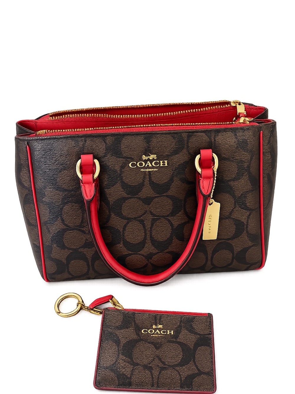 Coach Brown Monogram Satchel with Red Trim and Matching Card Case